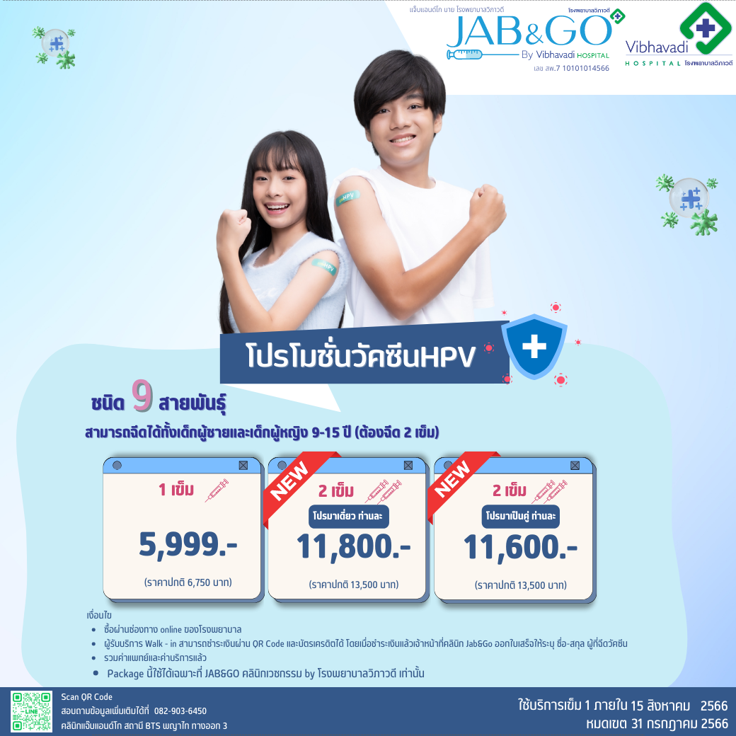 โปรโมชั่นวัคซีน HPV 9 สายพันธุ์ สามารถฉีดได้ทั้งเด็กผู้ชายและเด็กผู้หญิง อายุตั้งแต่ 9 -15 ปี